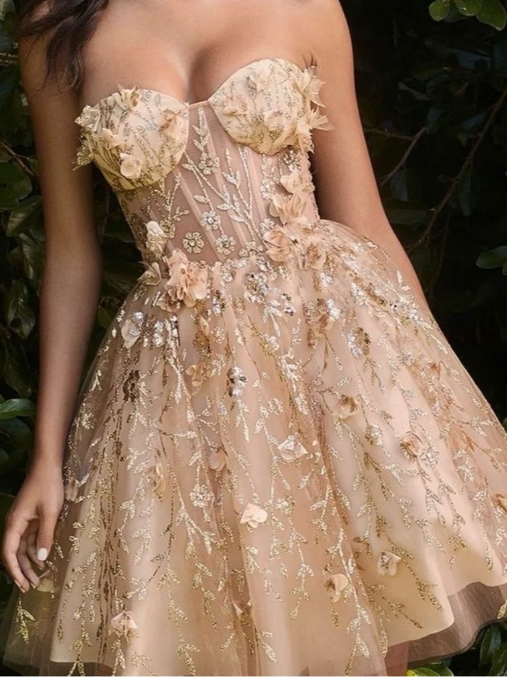 LaDivine Cinderella Divine strapless Floral Appliqué Tulle Dress in Gold/beige
